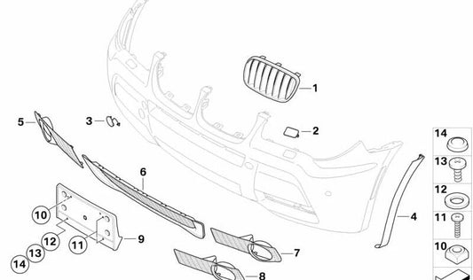 Rejilla de adorno delantera izquierda OEM 51113420087 para BMW X3 E83. Original BMW.
