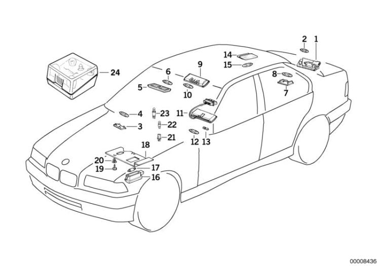 Luz interior y de lectura OEM 63311387385 para BMW Serie 3 E36 (316i, 318i) y más. Original BMW.