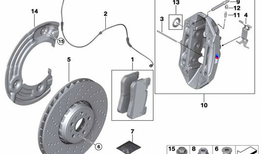 Red Right Brake Caliper Housing for BMW G87, G80, G81, G82, G83, F90N, F91, F92, F93 (OEM 34109501998). Original BMW
