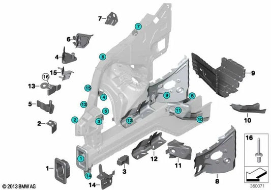 Front fender support for BMW E70, E70N, F15, F85, E71, E72, F16, F86 (OEM 41117159145). Original BMW.