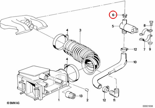 Durite en caoutchouc du système d'admission OEM 13411247344 pour BMW E30 316i, E34 518i... et plus encore. Véritable BMW.