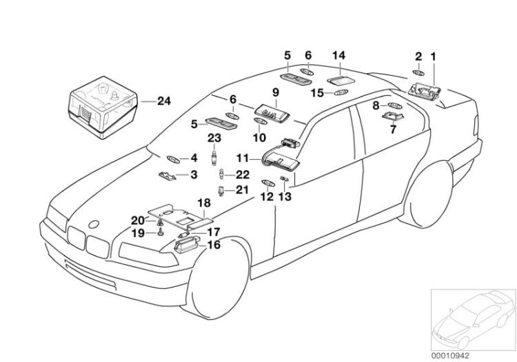 Luz interior y de lectura OEM 63311387385 para BMW Serie 3 E36 (316i, 318i) y más. Original BMW.