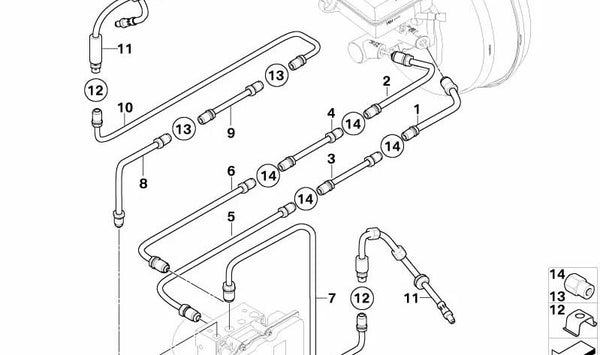 Tubo de freno OEM 34326771618 para BMW E60, E61, E63, E64. Conexiones M10/M12. Original BMW.