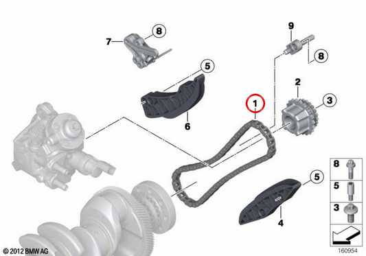 OEM distribution chain 13529886258 for BMW E81, E82, E87, E88, F20, F21, F22, E90, E91, E92, E93, F30, F31, F34, F32, F33, F36, E60, E61, F07, F10, F11, E84, E84, E83, F25, F25, und Mini R56, R59, R57, R55, R60, R58, R61. Original BMW und Mini.