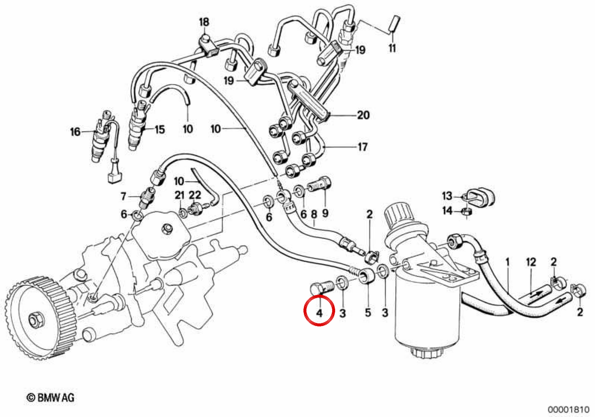 Parafuso oco OEM 13531269852 para BMW E30, E28, E34. BMW genuíno.