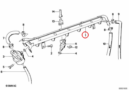Tubo de inyección de combustible OEM 13531310706 para BMW E28, E24. Original BMW.