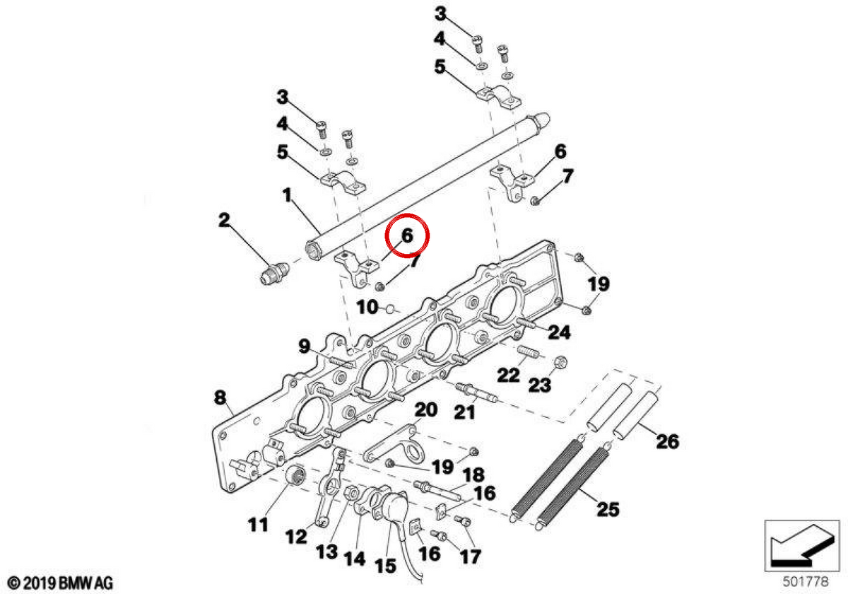 OEM injection ramp support 13531416347 for BMW E36, E38, E39, E46, Z3. Original BMW.