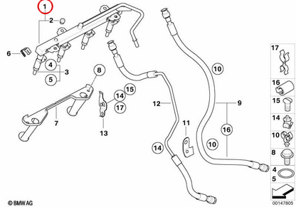 Rampa de inyección (Rail Common Rail) OEM 13537530420 para BMW E81, E82, E87, E88, E90, E91, E92, E93, E60, E84, E83, E85. Original BMW.