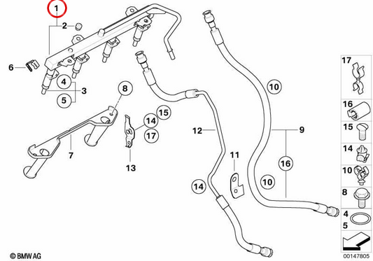 Trilho de injeção (Common Rail) OEM 13537530420 para BMW E81, E82, E87, E88, E90, E91, E92, E93, E60, E84, E83, E85. BMW genuíno.