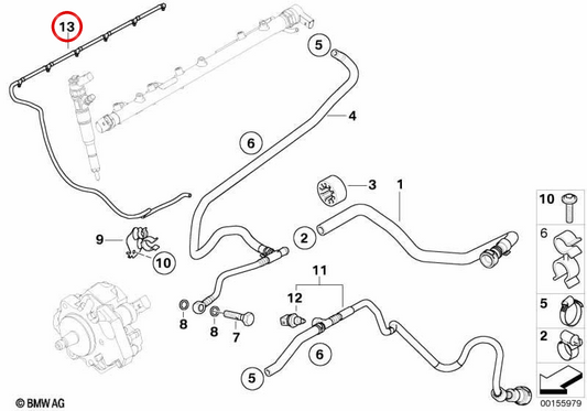 Tubo de retorno de combustível (Lecköl) OEM 13537786544 para BMW E46, E60, E61, E65. BMW genuíno.