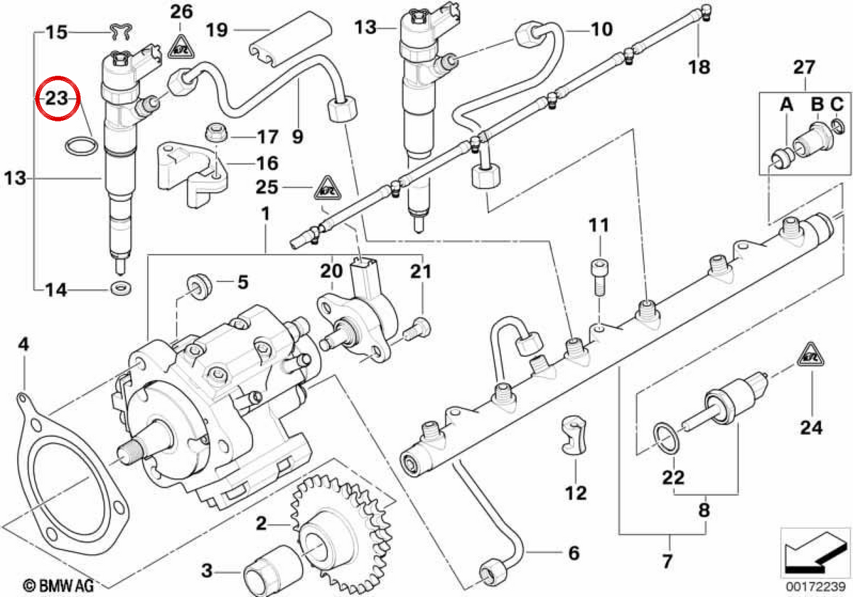 O ring 22x2 mm OEM 13537787236 per BMW Serie 1 E87, Serie 3 E46/E90, Serie 5 E39/E60, Serie 7 E38/E65, X3 E83, X5 E53/E70... e altro ancora. BMW originale.