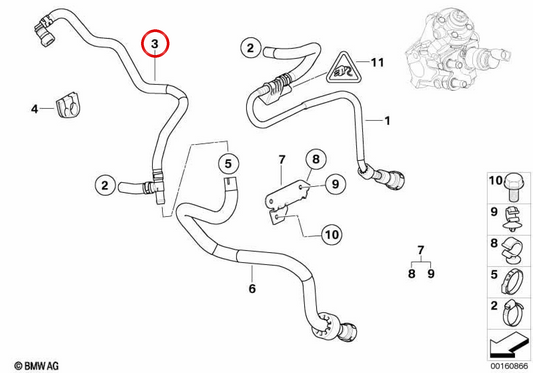 Tubo de retorno de combustível OEM 13537800667 para BMW E81, E82, E87, E88, E90, E91, E92, E93, E84, E83. BMW genuíno.