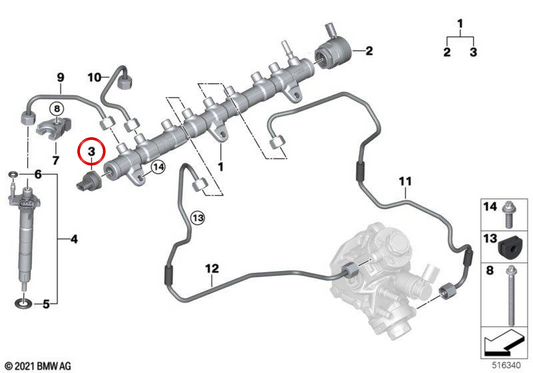 Sensore di pressione del carburante OEM 13538475327 per BMW G20, G21, G22, G23, G26, G30, G31, G60, G61, G32, G11, G12, G70, G14, G15, G16, G01, G02, G05, G06, G07. BMW originale.