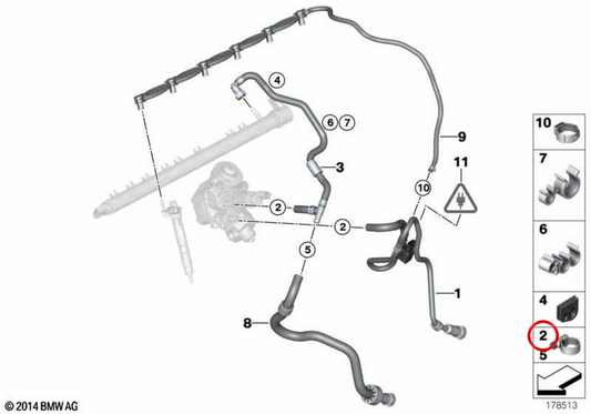 Tubería de retorno de combustible para BMW Serie 5 F10, F11, Serie 7 F01N, F02N, X5 E70N, F15, X6 E71, F16 (OEM 13538515905). Original BMW