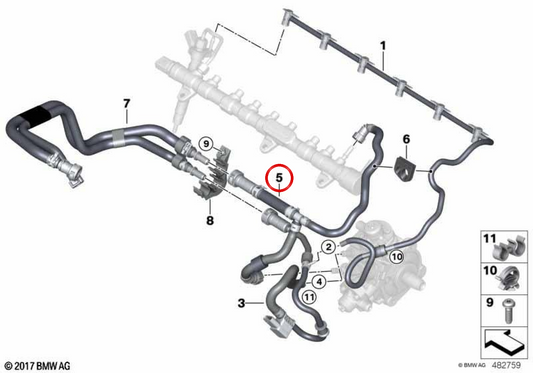 Tubo de retorno de combustível OEM 13538575463 para BMW G30, G31, G11, G12, G01, G02. BMW genuíno.