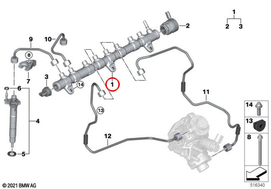 Acumulador de presión de combustible OEM 13538599216 para BMW G20, G21, G22, G23, G26, G30, G31, G60, G61, G32, G11, G12, G70, G14, G15, G16, G01, G02, G05, G06, G07. Original BMW.