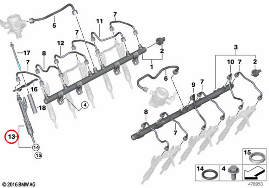 OEM fuel injector 13538648189 for BMW G12, G11, G30, G31, G32, G01, G02, G05, G07, F90, F91, F92, F93, F95, F96. Original BMW.
