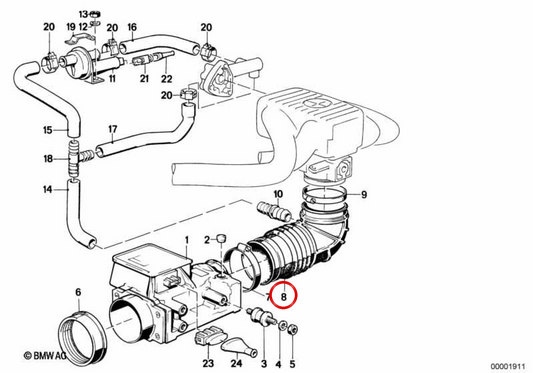OEM air admission hose 13541285237 for BMW E30 {316i, 318i M10} Models. Original BMW piece.