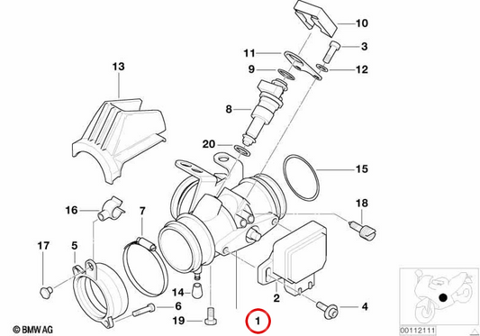 Corpo farfallato destro OEM 13542325854 per moto BMW R850GS, R1100GS, R850R, R1100R, R850RT e R1100RT. Originale BMW Motorrad.