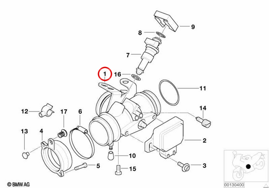 Corpo farfallato di aspirazione sinistro OEM 13547669725 per moto BMW R 850 R, R 1150 R e R 1150 R Rockster. Originale BMW Motorrad