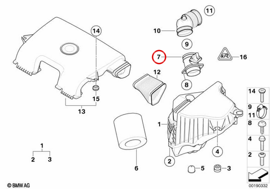 Metro del flusso d'aria OEM 13627566989 per BMW E81, E82, E87, E88, E90, E91, E92, E93, E84, E83, E85. BMW originale.