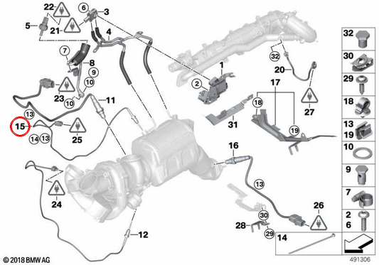 Exhaust Gas Temperature Sensor for BMW E81, E82, E87N, E88, F20, F21, F22, E90N, E91N, E92N, E93N, F30, F31, F34, F32, F33, F36, E60N, E61N, F07, F10 , F11, F01, F02, E84, F25, E70, F15, E71 (OEM 13627805607). Genuine BMW