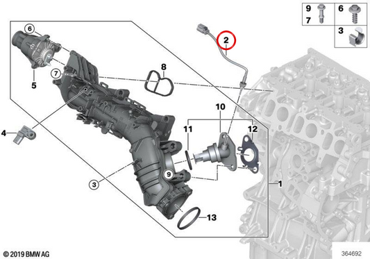 Sensor de temperatura AGR OEM 13628573895 para BMW F20, F21. BMW genuíno.