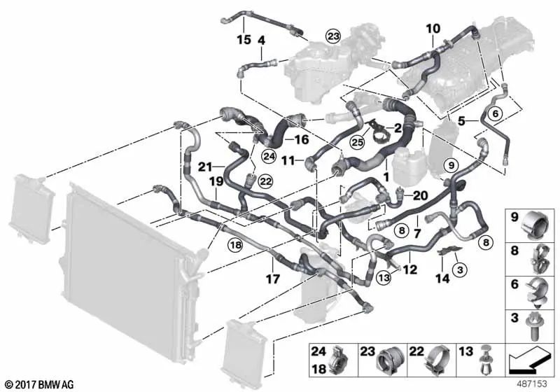 Tubo del serbatoio di espansione per BMW F20N, F21N Serie 1, F22, F23 Serie 2, F30N, F31N, F34N, F35N Series 3, F32, F33, F36 Series 4 (OEM 17128616531). BMW originale.