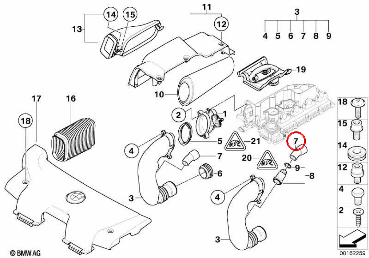 Tubo di ammissione ad aria OEM 13717787863 per BMW E46, E60, E61, E65, E66, E70, E71, E83, E87, E90, E91, E92, E93. BMW originale.