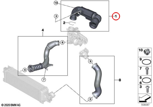 Tube d'admission avec résonateur OEM 13718693166 pour BMW F40, F44, F45, F46, F48, F39 et Mini F55, F56, F57, F54, F60. BMW et mini d'origine.