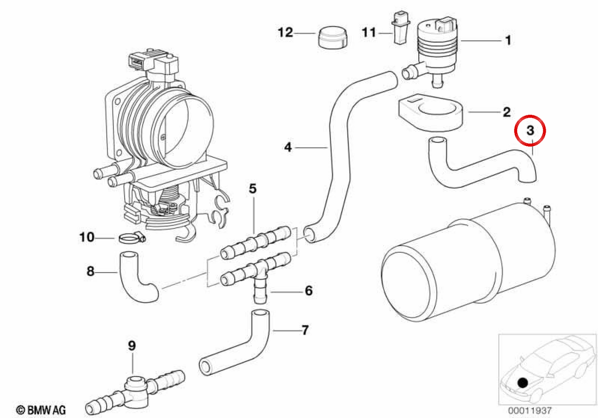 Codo de manguera OEM 13901433894 para BMW E39, E38, E53. Original BMW.
