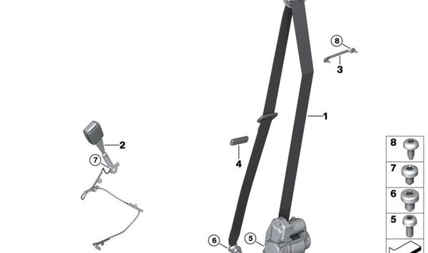 Cinturón de seguridad delantero izquierdo OEM 72115A348E1 para BMW G70. Original BMW.