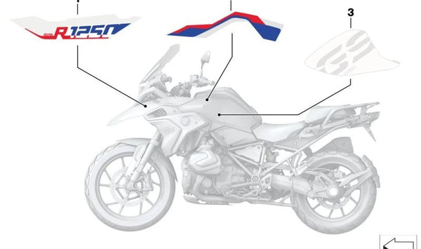 Decoración revestimiento lateral derecho OEM 46819457664 para motos BMW R1250GS, R1200GS (K50). Original BMW Motorrad.