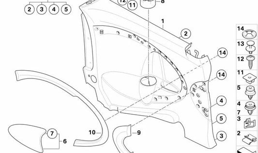 Reposabrazos trasero izquierdo OEM 51432755963 para MINI R55 (Cooper ML31, ML32, ML41, ML42, ZF31, ZF32, ZF41, ZF42, DMN51, DMN52). Color gris oscuro. Original MINI.
