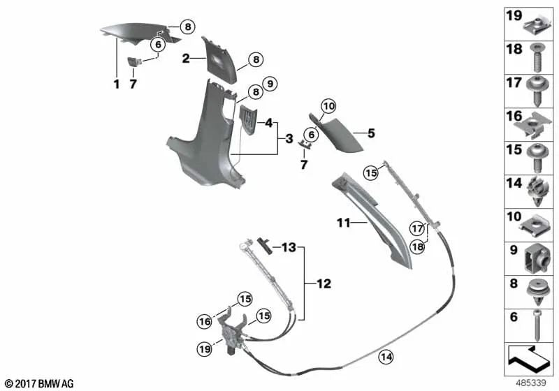 Left A-pillar cover for BMW 5 Series G30, G31, G38 (OEM 51437419697). Original BMW