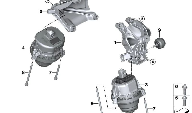 Soporte de motor con amortiguador de vibraciones OEM 22119452147 para BMW G60, G61. Original BMW.