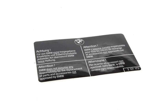 Placa indicativa OEM 51142121173 para BMW E30, E36, E46, E90, E91, E92, E93, E28, E34, E39, E60, E61, F07, E32, E38, E65, E66, E31, E84, E83, E53, E70, E71, E72, Z1, Z3, E85, E86, E89, E52. Original BMW.