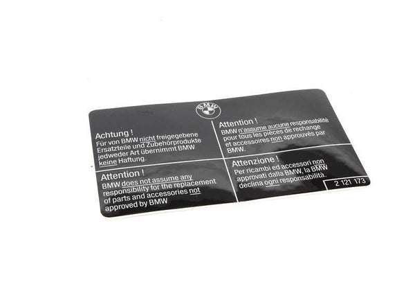 Placa indicativa OEM 51142121173 para BMW E30, E36, E46, E90, E91, E92, E93, E28, E34, E39, E60, E61, F07, E32, E38, E65, E66, E31, E84, E83, E53, E70, E71, E72, Z1, Z3, E85, E86, E89, E52. Original BMW.