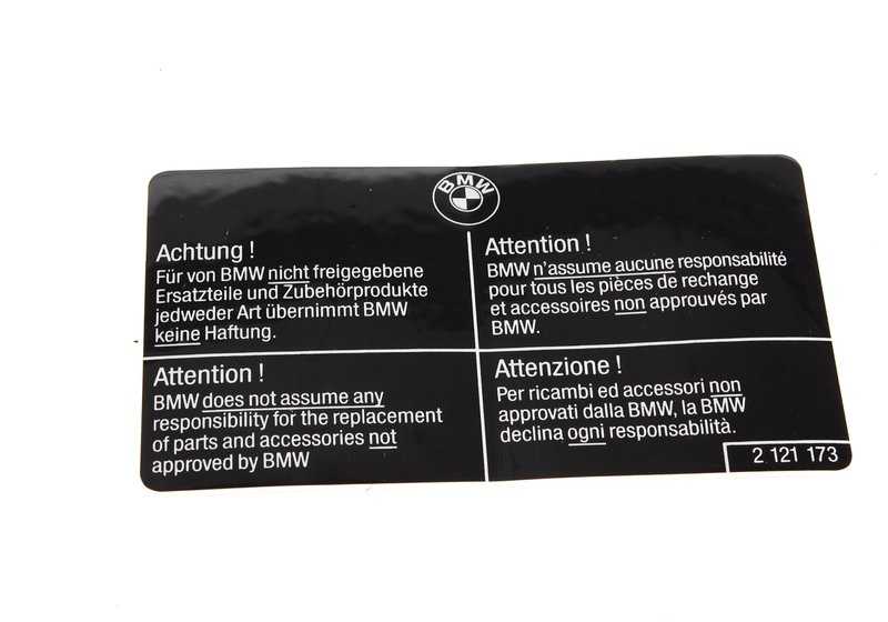 Placa indicativa OEM 51142121173 para BMW E30, E36, E46, E90, E91, E92, E93, E28, E34, E39, E60, E61, F07, E32, E38, E65, E66, E31, E84, E83, E53, E70, E71, E72, Z1, Z3, E85, E86, E89, E52. Original BMW.
