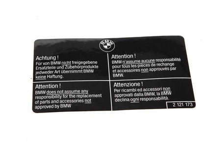 Placa indicativa OEM 51142121173 para BMW E30, E36, E46, E90, E91, E92, E93, E28, E34, E39, E60, E61, F07, E32, E38, E65, E66, E31, E84, E83, E53, E70, E71, E72, Z1, Z3, E85, E86, E89, E52. Original BMW.