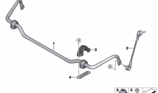 Barra estabilizadora delantera con silentblocks OEM 31305A52D39 para BMW G42, G20N, G21, G21N, G22, G22N, G23, G23N, G26, G26N. Pieza original BMW.