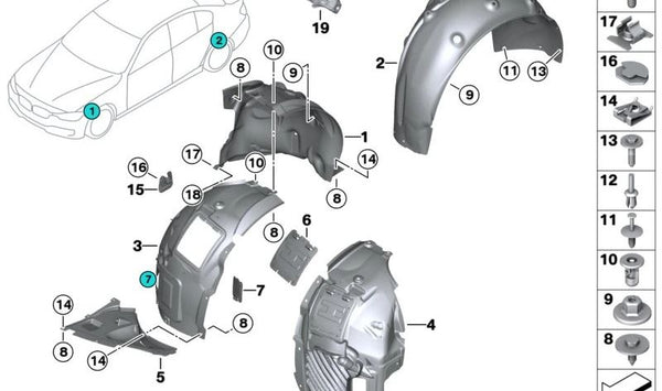 Cubierta interior derecha trasera OEM 51717347652 para BMW F20, F21, F22, F23, F30, F31, F34, F32, F33, F36. Original BMW.