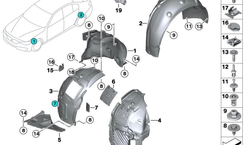 Rechte Hinterradspassabdeckung für BMW F32, F33, F36 (OEM 51717407332). Original BMW