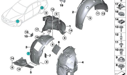 Rechte Hinterradspassabdeckung für BMW F32, F33, F36 (OEM 51717407332). Original BMW