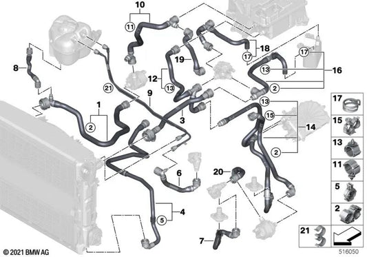 Tubo del radiatore del refrigerante per BMW E46, F30, F80 (OEM 17128477899). BMW originale.