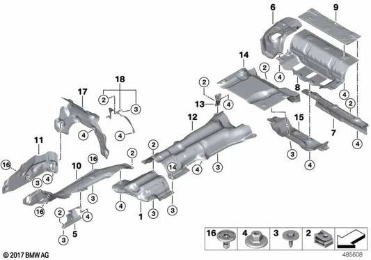Wärmeisolierung des linken hinteren Schalldämpfers für die BMW 5 F90 -Serie, G30, G31, G38; 6 G32 -Serie (OEM 51487340823). Original BMW
