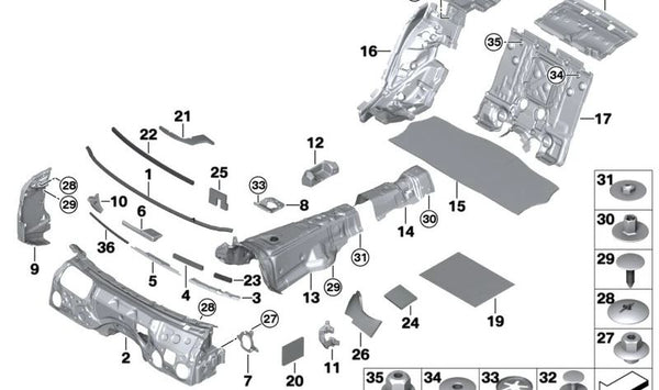 Aislante acústico para mampara del maletero inferior OEM 51477351794 para BMW G11, G12. Original BMW.