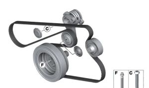 Kit de reparación correa de servicio (kit completo) OEM 11282339110 para BMW E81, E82, E87, E88, E90, E91, E92, E93, E60, E61, E83. Incluye tensor, poleas, tornillos y correa. Original BMW.