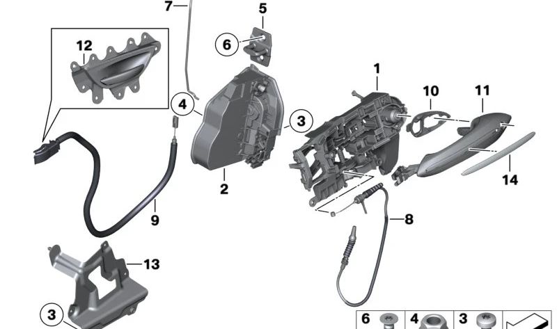 Cierre completo puerta delantera derecha OEM 51215A36E14 para BMW F10, F11, F07, F18 (modelos: 520d, 528i, 530d, 535d, 535i). Original BMW.
