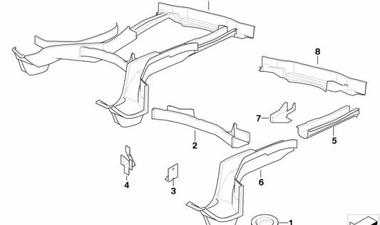 Larguero trasero izquierdo OEM 41118108465 para BMW E31 {840i, 840Ci} compatibles. Pieza estructural original BMW.